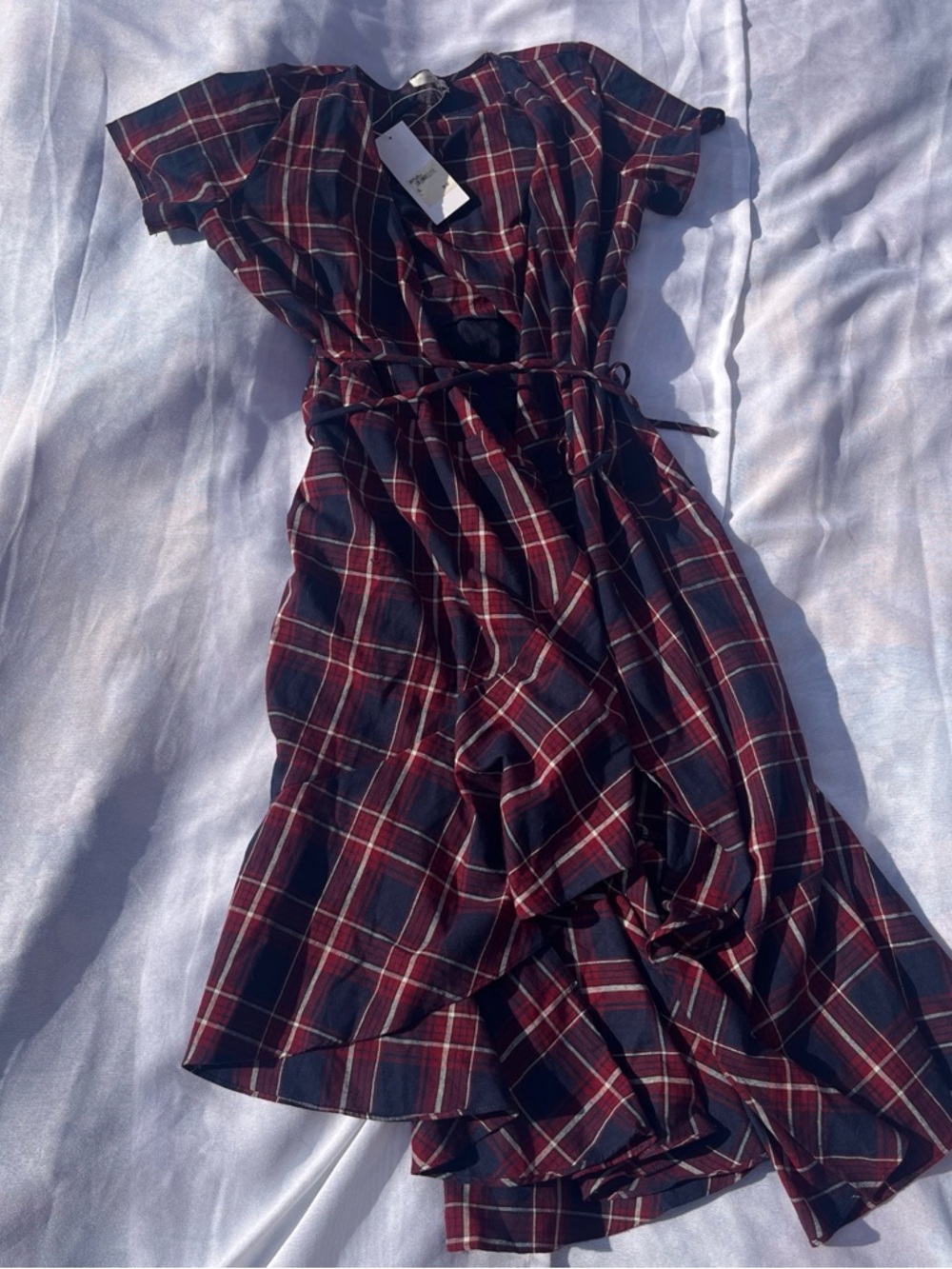 Lush Burgundy and Navy Plaid Wrap Midi Dress